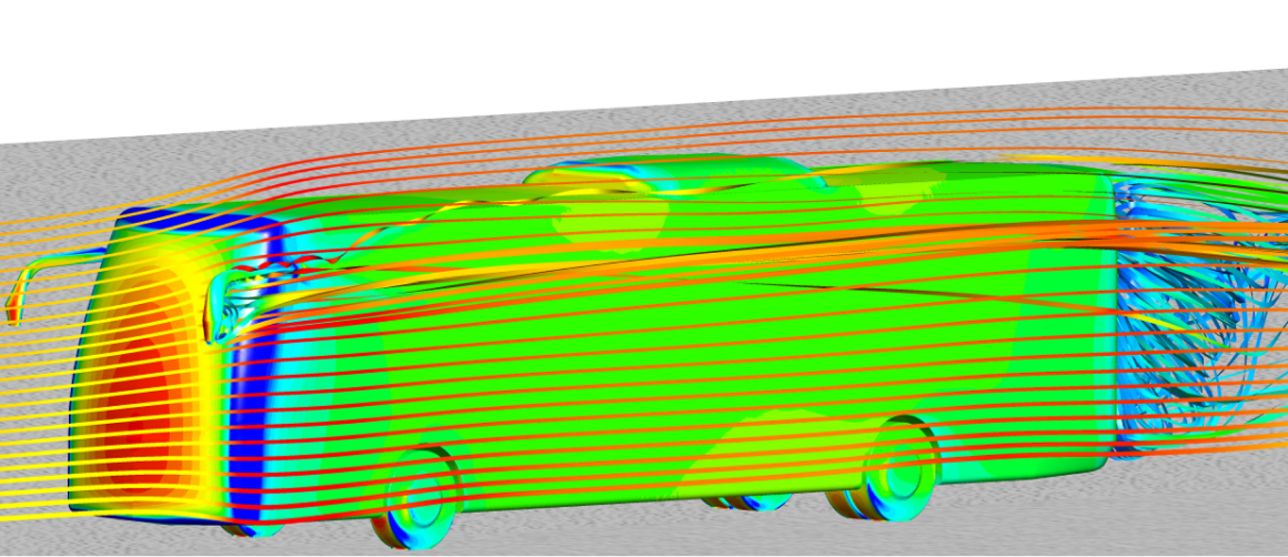 Aerodynamics CFD surface visualization on a vehicle